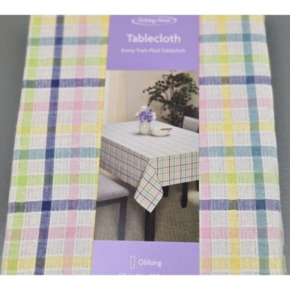 HOLIDAY HOME Spring Easter Cotton  Bunny Trails Plaid Tablecloth 60” X 102" - Picture 10 of 11